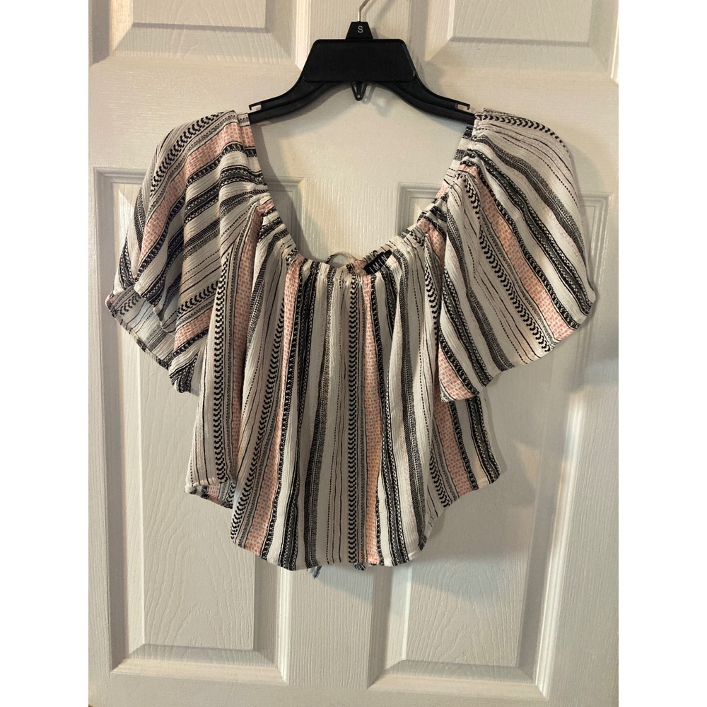 Timing Womens Off The Shoulder Crop Top‎ Stripe Boho Short Sleeve Blouse Small